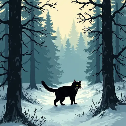 Minimalist ink, survival horror, prowling Norwegian Forest Cat