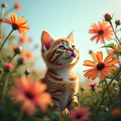 A cat in the flower ,in the style of naturalistic poses,playfullyintricate, flowers in the sky, super detail, colourful,covered in the flowers and vines, inside view,Sony FE 100-400mm f/4.5-5.6 GM OSS