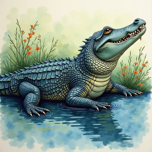 A pointillism style painting of a Alligator