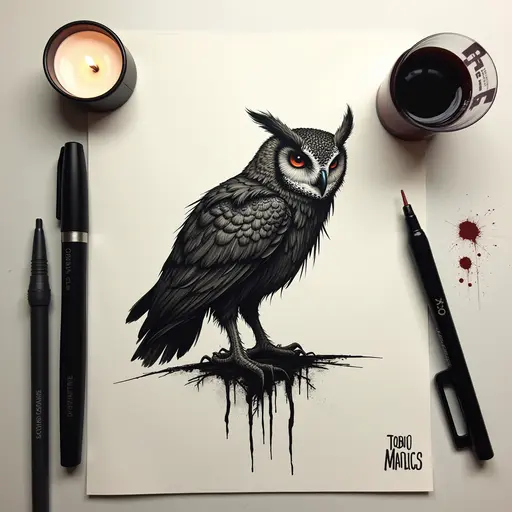 Minimalist ink, survival horror, prowling Owl