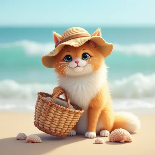 A Norwegian Forest cat with a straw basket, collecting seashells along the shore while wearing a cute sun hat on a bright beach day