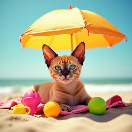 A Devon Rex cat with a sun umbrella, lounging on a beach towel, surrounded by colorful beach toys on a sunny afternoon