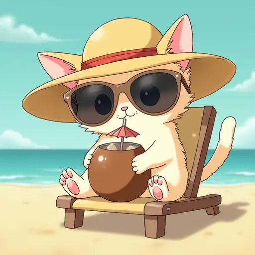 A cat wearing a sun hat and oversized sunglasses, sipping a coconut drink with a tiny umbrella, sitting on a beach chair, in the style of Miyazaki.