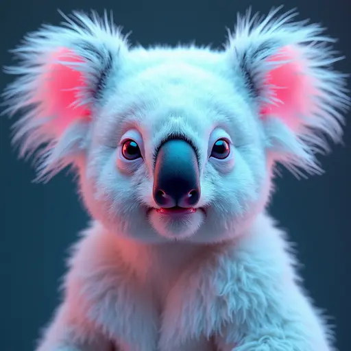 a hyper realistic image in 4K of albino Koala that looks wears a second skin made of liquid metal shiney glass on her face that shines in neon transparent like glue, similar to an instagram filter