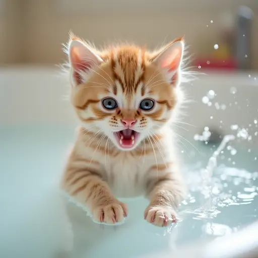 A kitten is splashing water during bath time, its expression a mix of panic and cuteness, occasionally batting at the water's surface with its paws.