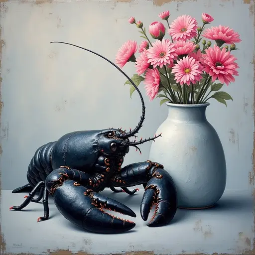 Abstract textured painting of a black Lobster sitting next to a vase with pink flowers, in the style of Ann Froud and Paulina P., against a gray background.