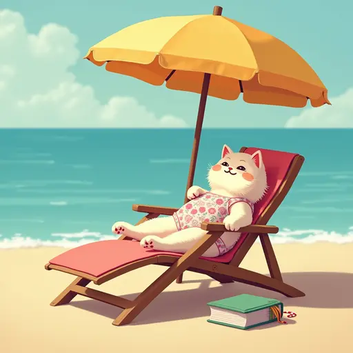 A Persian cat in a floral print swimsuit, relaxing on a beach chair with a book beside it, enjoying the shade of a large umbrella on a sunny beach