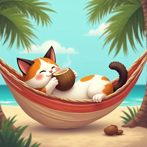 A charming Turkish Van cat lounging in a beach hammock, sipping from a coconut shell while enjoying a tropical breeze.