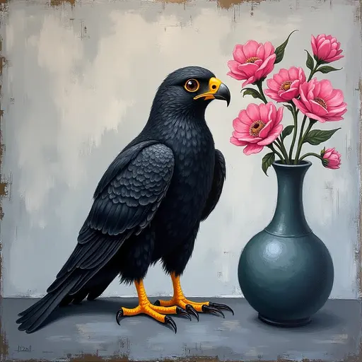 Abstract textured painting of a black Falcon sitting next to a vase with pink flowers, in the style of Ann Froud and Paulina P., against a gray background.