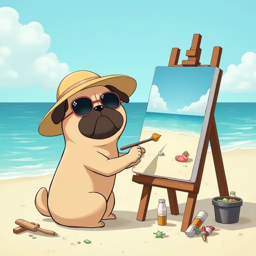 A dog(Pug) in a sun hat and sunglasses, painting a canvas of the beach scene, with easels and art supplies scattered around, in the style of Miyazaki.