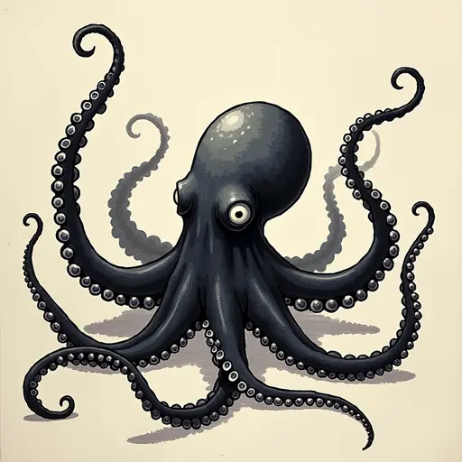 Minimalist ink, survival horror, prowling Octopus