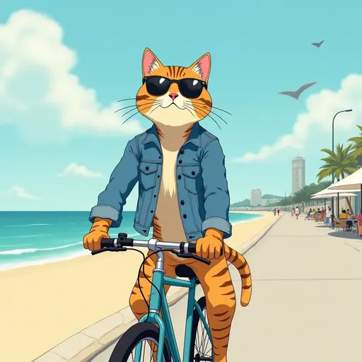 A cat(Bengal cat) wearing a denim jacket and sunglasses, riding a bicycle along the beach promenade, with the ocean breeze blowing, in the style of Miyazaki