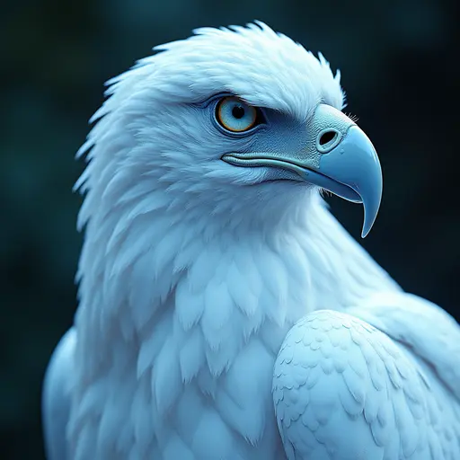 a hyper realistic image in 4K of albino Eagle that looks wears a second skin made of liquid metal shiney glass on her face that shines in neon transparent like glue, similar to an instagram filter