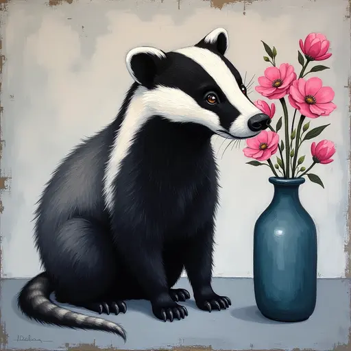 Abstract textured painting of a black Badger sitting next to a vase with pink flowers, in the style of Ann Froud and Paulina P., against a gray background.