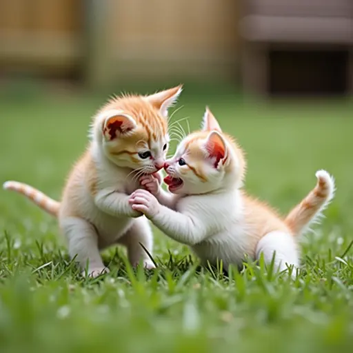 Two little kittens are playing in the yard, chasing each other and rolling around, occasionally stopping to gently touch noses with their paws, their eyes filled with friendly mischief.