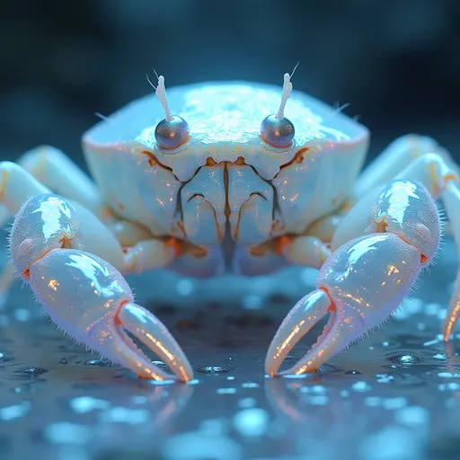 a hyper realistic image in 4K of albino Crab that looks wears a second skin made of liquid metal shiney glass on her face that shines in neon transparent like glue, similar to an instagram filter