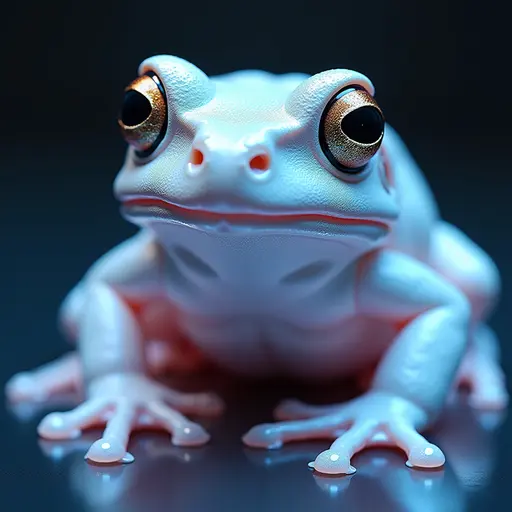 a hyper realistic image in 4K of albino Toad that looks wears a second skin made of liquid metal shiney glass on her face that shines in neon transparent like glue, similar to an instagram filter