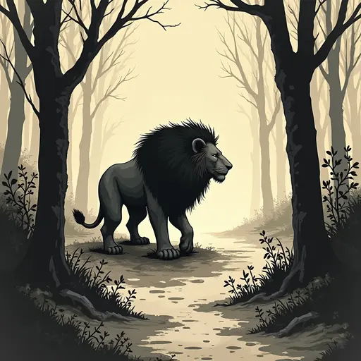 Minimalist ink, survival horror, prowling Lion