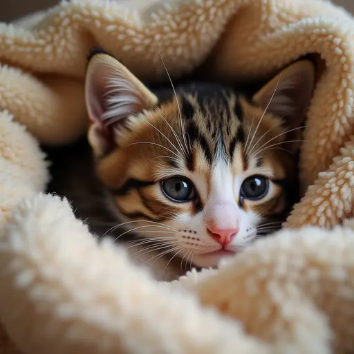 A kitten is curled up in a warm blanket, with only its big eyes visible, looking adorably dazed.