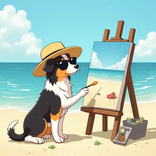 A dog(Border Collie) in a sun hat and sunglasses, painting a canvas of the beach scene, with easels and art supplies scattered around, in the style of Miyazaki.