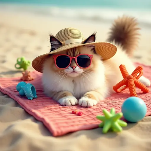 A fluffy Ragdoll cat in oversized sunglasses, sprawled out on a beach towel, surrounded by a variety of colorful beach toys and a sun hat, soaking up the sun.