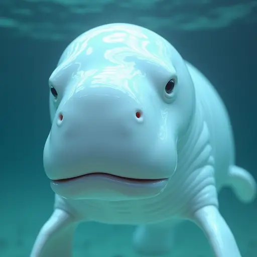 a hyper realistic image in 4K of albino Dugong that looks wears a second skin made of liquid metal shiney glass on her face that shines in neon transparent like glue, similar to an instagram filter