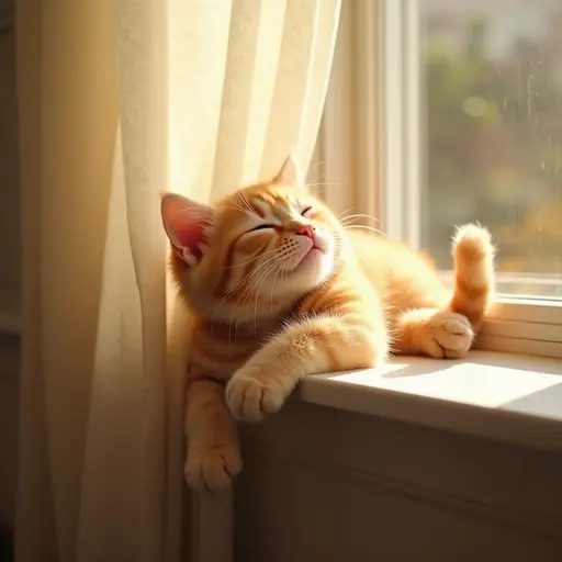 A lazy orange kitten is lounging on the windowsill, with sunlight streaming through the curtains, casting a warm glow on its soft fur as it squints its eyes, enjoying a cozy afternoon.