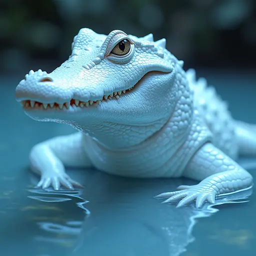 a hyper realistic image in 4K of albino Crocodile that looks wears a second skin made of liquid metal shiney glass on her face that shines in neon transparent like glue, similar to an instagram filter