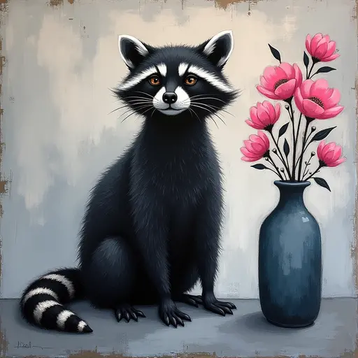 Abstract textured painting of a black Raccoon sitting next to a vase with pink flowers, in the style of Ann Froud and Paulina P., against a gray background.