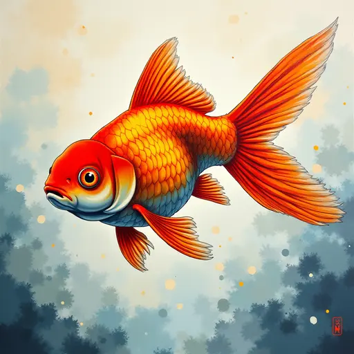 A pointillism style painting of a Goldfish