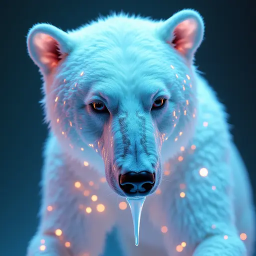 a hyper realistic image in 4K of albino Bear that looks wears a second skin made of liquid metal shiney glass on her face that shines in neon transparent like glue, similar to an instagram filter