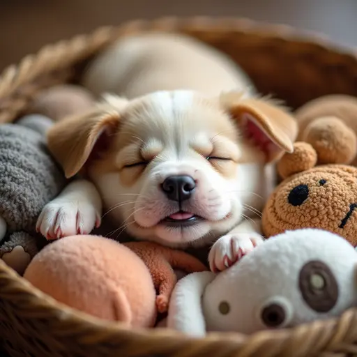 A sleepy puppy nestled in a basket full of soft toys, with its eyes half-closed and a content smile.