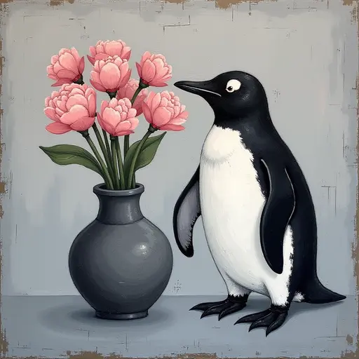 Abstract textured painting of a black Penguin sitting next to a vase with pink flowers, in the style of Ann Froud and Paulina P., against a gray background.