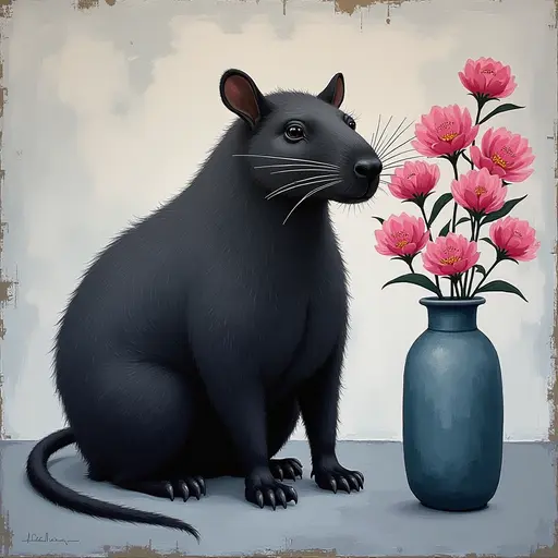 Abstract textured painting of a black Capybara sitting next to a vase with pink flowers, in the style of Ann Froud and Paulina P., against a gray background.