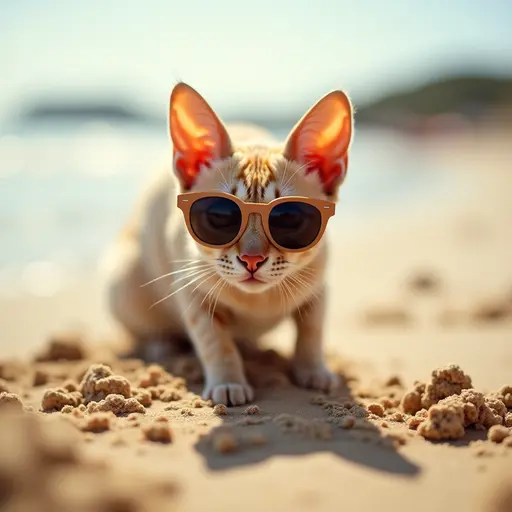 A Cornish Rex cat wearing tiny sunglasses, digging in the sand for buried treasure while enjoying the warm sun on the beach