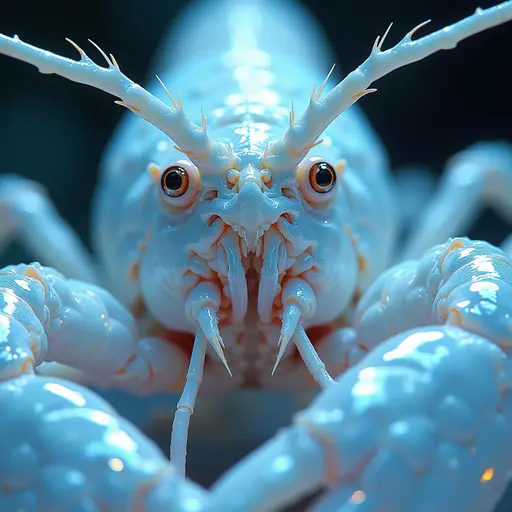 a hyper realistic image in 4K of albino Lobster that looks wears a second skin made of liquid metal shiney glass on her face that shines in neon transparent like glue, similar to an instagram filter