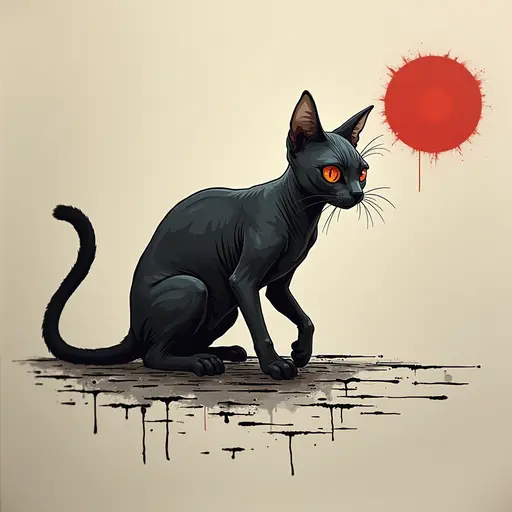 Minimalist ink, survival horror, prowling Sphynx Cat