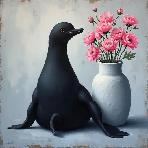 Abstract textured painting of a black Beluga sitting next to a vase with pink flowers, in the style of Ann Froud and Paulina P., against a gray background.