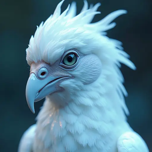 a hyper realistic image in 4K of albino bird that looks wears a second skin made of liquid metal shiney glass on her face that shines in neon transparent like glue, similar to an instagram filter