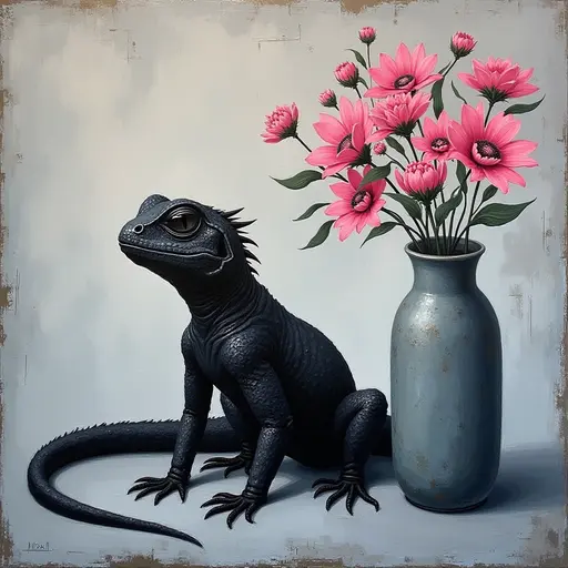 Abstract textured painting of a black Lizard sitting next to a vase with pink flowers, in the style of Ann Froud and Paulina P., against a gray background.