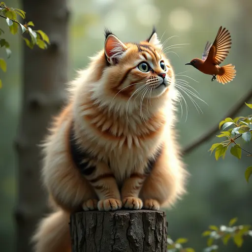 A fluffy Maine Coon cat perched at the top of a tall tree, looking curiously at a bird. Its big eyes sparkle with excitement and its fur fluffs in the wind.