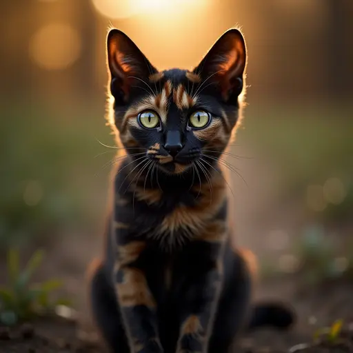 a cute tortoiseshell cat, exquisite detail, 30-megapixel, 4k, 85-mm-lens, sharp-focus, intricately-detailed, long exposure time, f/8, ISO 100, shutter-speed 1/125, diffuse-back-lighting, award-winning photograph, facing-camera, looking-into-camera, monovisions, elle, small-catchlight, low-contrast, High-sharpness, facial-symmetry, depth-of-field, golden-hour, ultra-detailed photography