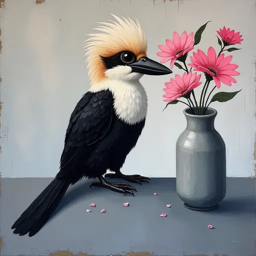 Abstract textured painting of a black Kookaburra sitting next to a vase with pink flowers, in the style of Ann Froud and Paulina P., against a gray background.