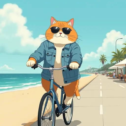 A cat(Persian Cat) wearing a denim jacket and sunglasses, riding a bicycle along the beach promenade, with the ocean breeze blowing, in the style of Miyazaki