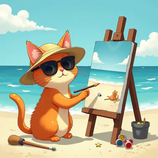 A cat(rasta cat) in a sun hat and sunglasses, painting a canvas of the beach scene, with easels and art supplies scattered around, in the style of Miyazaki.