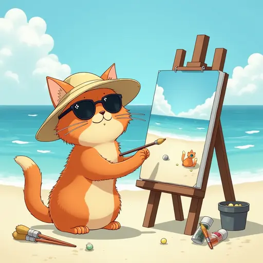 A cat(Maine Coon) in a sun hat and sunglasses, painting a canvas of the beach scene, with easels and art supplies scattered around, in the style of Miyazaki.