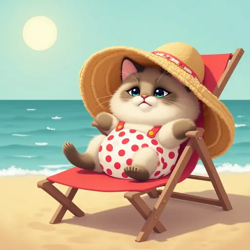 A fluffy Birman cat in a polka dot swimsuit, lounging on a beach chair with a large sunhat, enjoying the warm sun and soft ocean breeze.