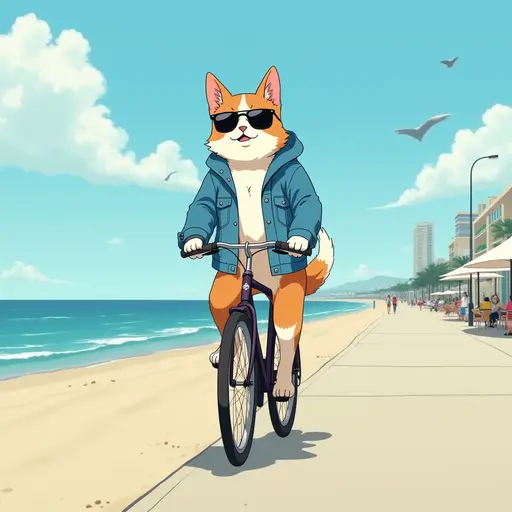 A Border Collie wearing a denim jacket and sunglasses, riding a bicycle along the beach promenade, with the ocean breeze blowing, in the style of Miyazaki