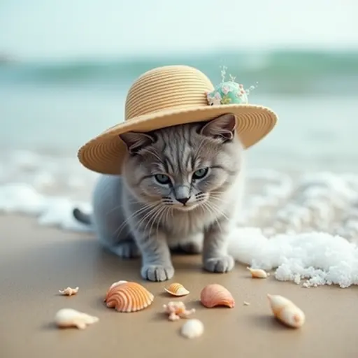 A curious Chartreux cat wearing a tiny beach hat, exploring the shoreline and investigating seashells while the waves gently lap at its paws.