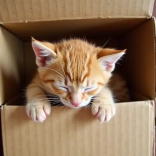 A playful ginger kitten taking a nap inside a cardboard box, with its tiny paw sticking out from the edge.